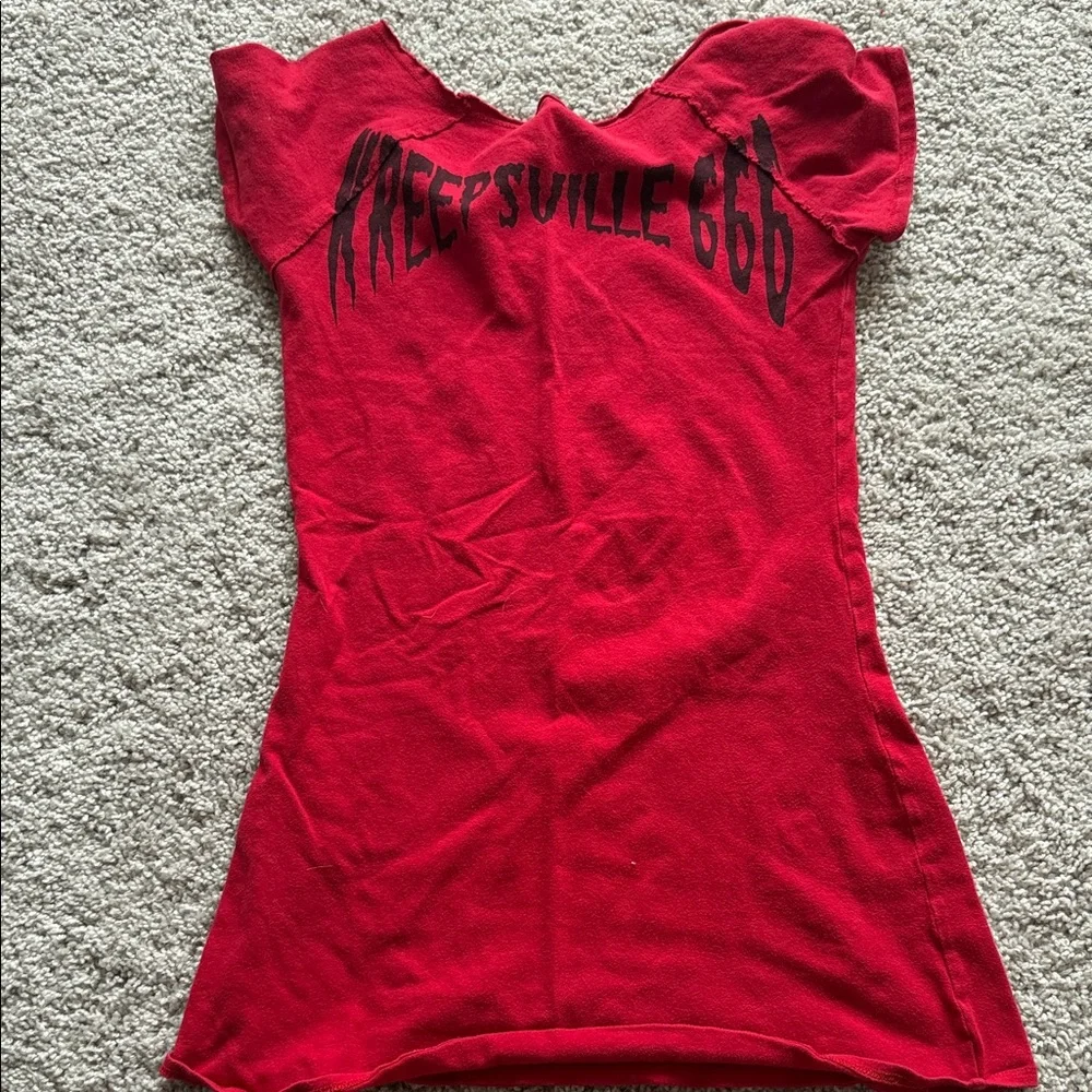 Creepsville 666 Red Skeleton Graphic Scoop Neck Tee Medium - Picture 3 of 4